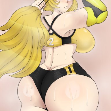 rwby, yang xiao long, junior art , 1girls, ass, bare shoulders, big ass, big breasts, big butt, blonde hair, breasts, clothed, clothing, female, female only