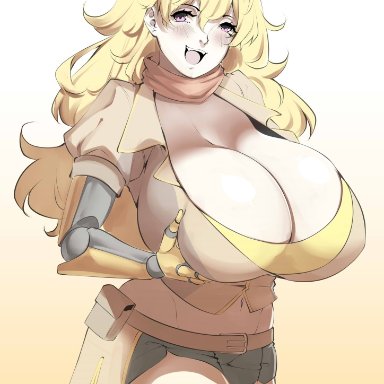 rwby, yang xiao long, lulu-chan92, 1girls, abdomen, ahoge, bike shorts, blonde female, blonde hair, female, female focus, female only, grabbing own breast, huge breasts, lavender eyes