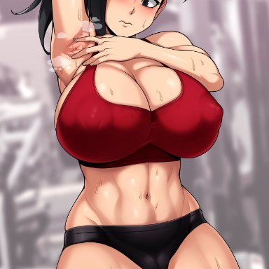 my hero academia, momo yaoyorozu, jmg jellybean, armpits, big breasts, black eyes, black hair, bloomers, cameltoe, looking at viewer, nipple bulge, one arm up, sports bra, sweat, sweating