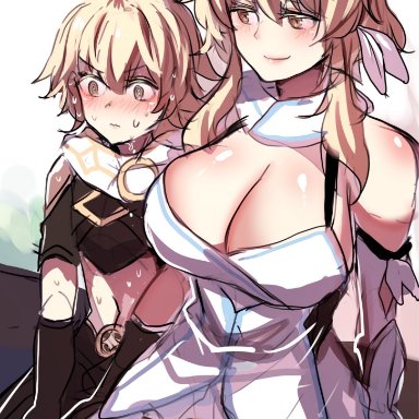 genshin impact, aether (genshin impact), lumine (genshin impact), 1boy, 1girls, ahoge, big breasts, blonde hair, cleavage, green eyes, hands on lap, himehinghoi, nervous sweat, smirk