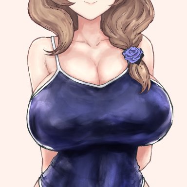 genshin impact, lisa (genshin impact), artist request, 1girls, breasts, brown hair, cleavage, competition swimsuit, female, female only, hair ornament, highleg swimsuit, hips, huge breasts, light-skinned female