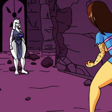 undertale, undertale (series), chara, frisk, toriel, aygeex, 3girls, anthro, battle, blood, brown hair, female, female only, fight, goat