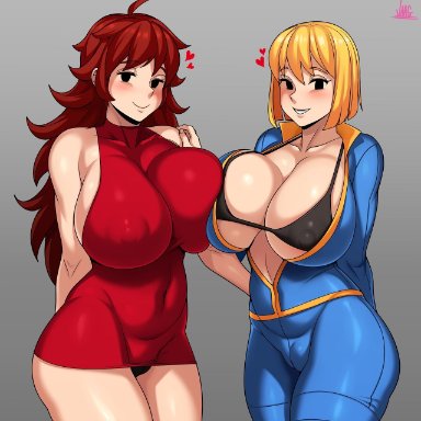 fallout, friday night funkin, girlfriend (friday night funkin), vault girl, jmg jellybean, big breasts, black bra, black eyes, black panties, blonde hair, breast squish, breasts out, brown hair, cameltoe, female only