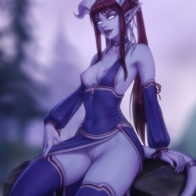 warcraft, world of warcraft, draenei, personalami, athletic female, blue choker, blue dress, blue skin, blue thighhighs, breasts, breasts out, choker, cleft of venus, clothing aside, colored skin