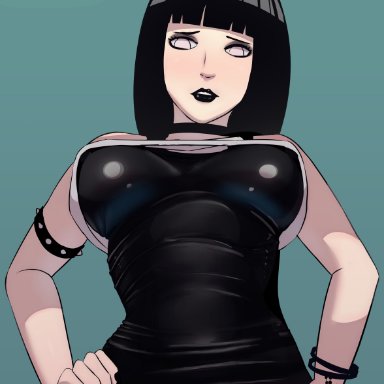 naruto, naruto: the last, naruto (series), naruto shippuden, shounen jump, hyuuga hinata, gomiqo, 1girls, abs, armwear, belly button, big breasts, black dress, black hair, black lips