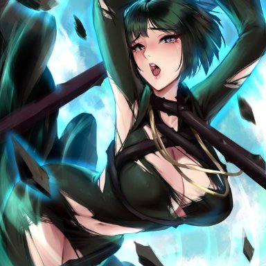 one-punch man, fubuki (one-punch man), cianyo, 1girls, ahe gao, arms up, aura, bangs, belly, belly button, big breasts, black dress, blue aura, bob cut, bondage