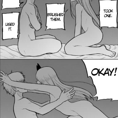chainsaw man, denji (chainsaw man), power (chainsaw man), 1boy, 1girls, ass, bed, bedroom, breasts, female, male, nude, on bed, sitting, wholesome