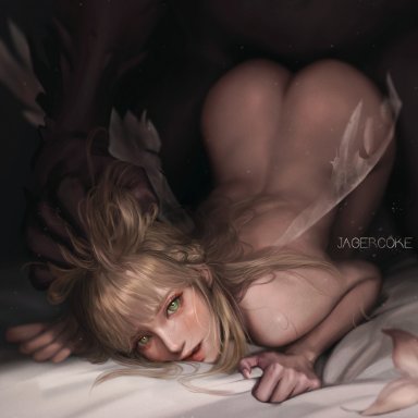 lost ark, character request, nineveh (lost ark), jagercoke, 1boy, ass, blonde hair, braid, completely nude, crying, crying with eyes open, defeat, doggy style, female, green eyes