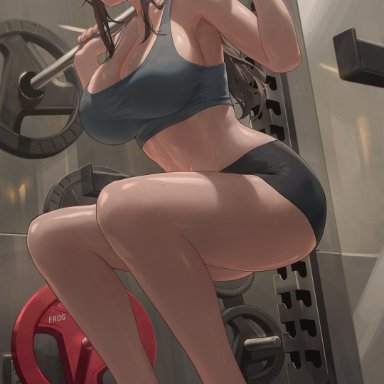 original, original character, free style, yohan1754, 1girls, booty shorts, breasts, brown hair, cleavage, female, female only, fit, fit female, gym, gym clothes