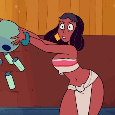 cartoon network, steven universe, the road to el dorado, chel (cosplay), priyanka maheswaran, profannytea, 1girls, bags under eyes, breasts, clothing, dark-skinned female, dark brown hair, dark skin, earrings, female