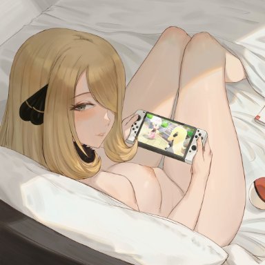 nintendo, nintendo switch, pokemon, pokemon bdsp, pokemon dppt, cynthia (pokemon), dawn (pokemon), lsls, 1girls, blonde hair, breasts, female, hips, holding object, huge breasts