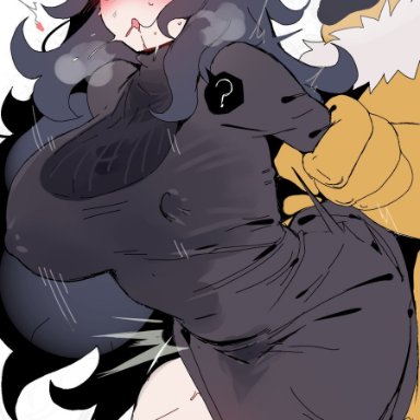 pokemon, hex maniac, hypno, ndgd, 2boys, ?, @ @, alternate breast size, arm grab, black dress, black hair, blue eyes, blush, breasts, clothed sex