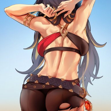 genshin impact, dehya (genshin impact), foxyrain, foxyreine, 1girls, arms up, ass, back, back view, backboob, black hair, breasts, clothed, clothed female, female