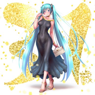 vocaloid, hatsune miku, wokada, abs, accessory, anniversary, armlet, bag, celebration, child bearing hips, choker, clothed, dress, earrings, feet