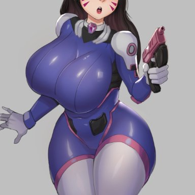 blizzard entertainment, overwatch, d.va, squallpion, 1girls, alternate breast size, big breasts, breasts, brown eyes, brown hair, clothed, clothed female, curvy, gloves, grey background