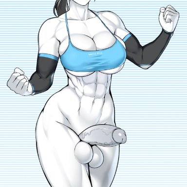 nintendo, wii fit, wii fit trainer, nisetanaqa, 1futa, abs, balls, big breasts, big penis, black hair, bottomless, breasts, bursting breasts, clothed, clothing