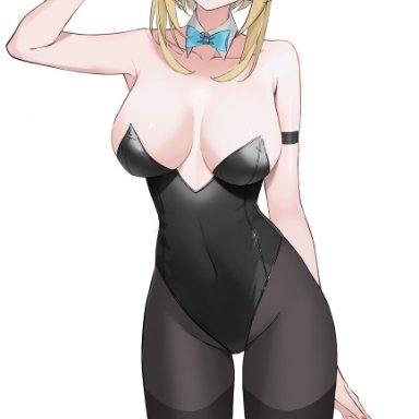 genshin impact, lumine (genshin impact), artist request, 1girls, arm strap, arm up, bare shoulders, big breasts, blonde female, blonde hair, bowtie, breasts, bunny costume, bunny ears, bunny girl