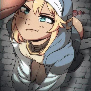 guilty gear, guilty gear strive, bridget, derpixon, 1boy, all fours, ambiguous gender, anal beads, ass, blonde hair, blue eyes, blush, bottomless, disappointed, fingerless gloves