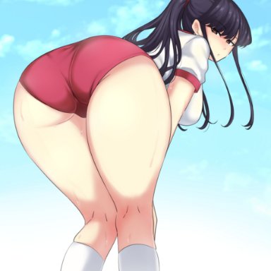 komi-san wa komyushou desu, komi shouko, 1girls, ass, big ass, black hair, long hair, looking back, minishorts, shorts, sports uniform, sweat