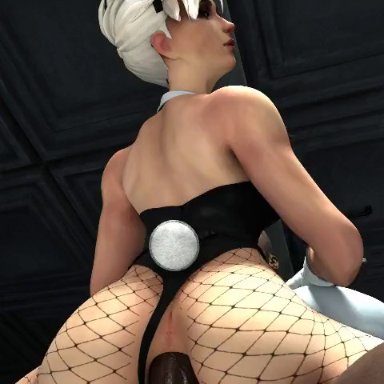 league of legends, riven, anonymousnsfw, anal, anal sex, black man, bunny girl, bunnysuit, cum in ass, cum inside, dark-skinned male, fishnet, fishnets, gape, grabbing ass