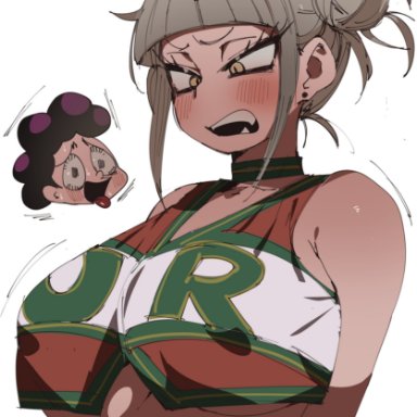 my hero academia, himiko toga, minoru mineta, coffing (artist), 1boy, 1girls, big breasts, blonde hair, blush, breasts, cheerleader, cheerleader uniform, double bun, female, standing