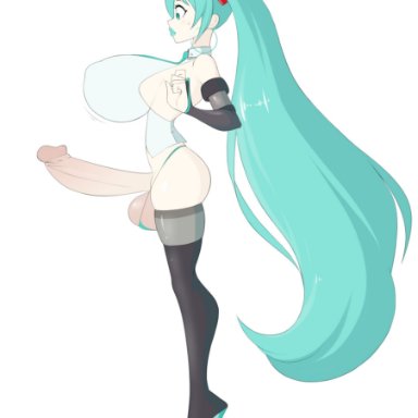 vocaloid, hatsune miku, sealguy, 1futa, balls, big balls, blue eyes, blue hair, blue lipstick, bottomless, breasts, clothed, clothing, erection, futa only