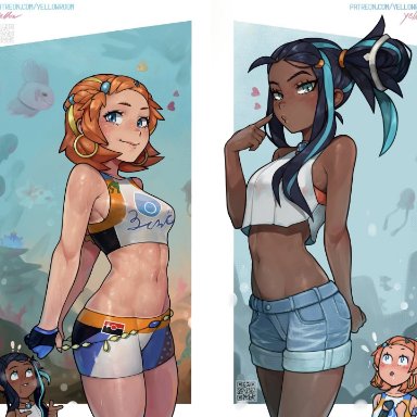 nintendo, pokemon, pokemon lgpe, pokemon rgby, pokemon ss, kasumi (pokemon), nessa (pokemon), nessa (pokemon) (cosplay), yellowroom, 2girls, abs, alternate hairstyle, alternate outfit, armpits, bare shoulders