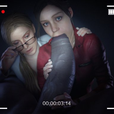 resident evil, resident evil 2, annette birkin, claire redfield, batesz, 1boy, 2girls, erection, fellatio, female, glasses, huge cock, looking at viewer, male, oral