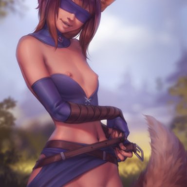original, personalami, 1futa, animal ears, areolae, bangs, belt, blindfold, blurry, breasts, brown hair, bustier, clothed, clothing, covered eyes