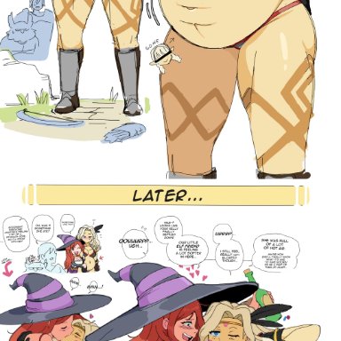 dragon's crown, amazon (dragon's crown), elf (dragon's crown), sorceress (dragon's crown), dr-worm, lewdlemage, 2girls, abs, after vore, apple, belly expansion, belly rub, big ass, big breasts, blonde hair