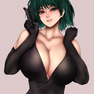 one-punch man, fubuki (one-punch man), sizebrush, 1girls, bangs, bare shoulders, belly, belly button, big breasts, black dress, black gloves, blush, bob cut, breasts, busty