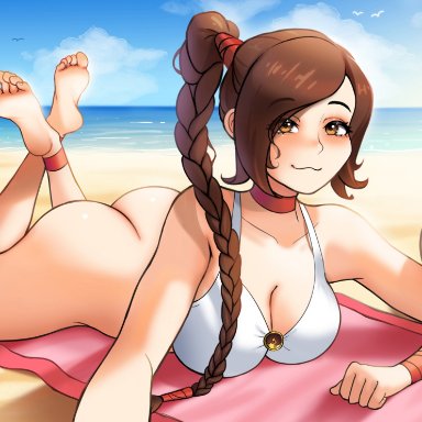 avatar the last airbender, nickelodeon, ty lee, myst, yhw, 1girls, ass, back, barefoot, beach, bikini, blush, bottomless, brown hair, bubble ass