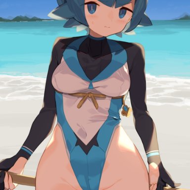 pokemon, pokemon (game), pokemon sm, lana (pokemon), spring2013, 1girls, aged up, alternate costume, beach, black thighhighs, blue eyes, blue hair, blue sky, breasts, closed mouth