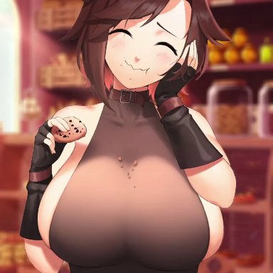 rwby, ruby rose, lulewd chan, lulu-chan92, segal03, blush, bouncing breasts, breasts, brown hair, bursting breasts, choker, closed eyes, collar, cookie, crumbs