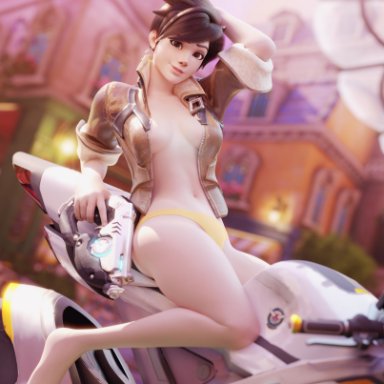 blizzard entertainment, overwatch, tracer, fireboxstudio, 1girls, bike, breasts, breasts out, brown hair, clothed, clothing, female, female focus, female only, jacket