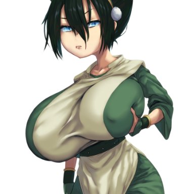 avatar the last airbender, nickelodeon, toph bei fong, yakihagi 36, 1girls, aged up, alternate breast size, annoyed, big breasts, black hair, blind, blind girl, blue eyes, clothed, clothes