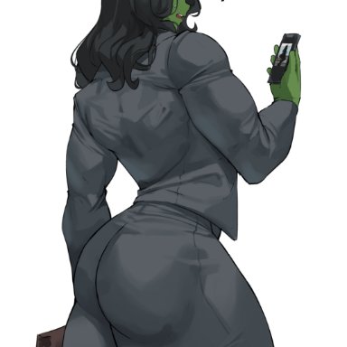 hulk (series), marvel, marvel comics, she-hulk, musctonk, 1girls, ass, business attire, business suit, cellphone, colored skin, female, female only, formal, green hair