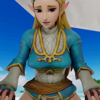 breath of the wild, nintendo, the legend of zelda, princess zelda, zelda (breath of the wild), r34fantasy, 1boy, 1girls, blonde hair, blue eyes, clothed female nude male, faceless male, girl on top, hand holding, looking at viewer