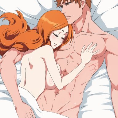 bleach, ichigo kurosaki, inoue orihime, rozuberry, 1boy, 1boy1girl, 1girls, abs, after sex, bed, bed sheet, big breasts, boyfriend-girlfriend, breast press, breasts