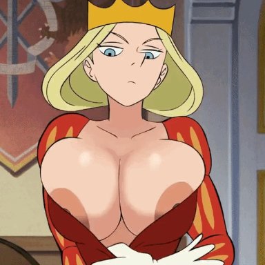 ousama ranking, character request, queen hilling, artist request, big breasts, big breasts jiggle, huge breasts, jiggle, nipple slip, nipples, queen, queen hiling, staring at penis, animated, gif