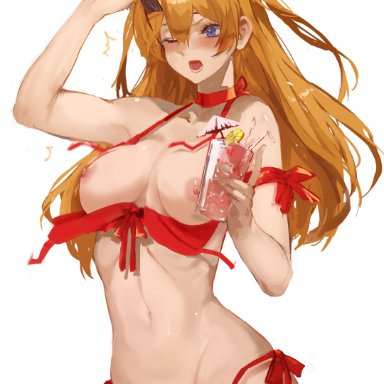 neon genesis evangelion, asuka langley sohryu, dokuro deluxe, bikini, blue eyes, blush, breasts, female, large breasts, pussy, ribbon, solo, standing