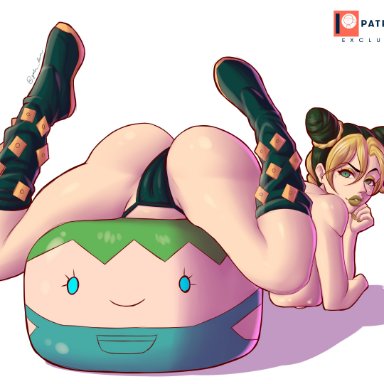 jojo's bizarre adventure, stone ocean, jolyne kujo, yoru dan, 1girls, ass, ass focus, big ass, big breasts, big butt, blonde hair, breasts, cameltoe, double bun, female