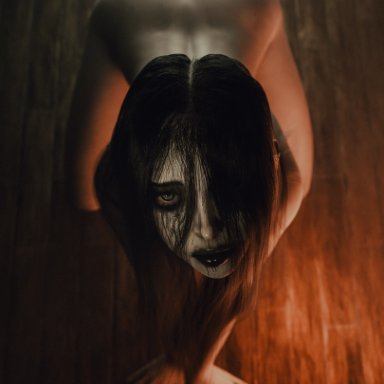 the ring, sadako yamamura, yamamura sadako, ecksoh, 1girls, all fours, ass, big eyes, black hair, black lipstick, eyeshadow, female, female only, ghost, ghost girl