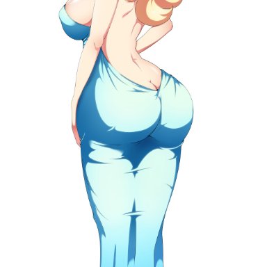 mario (series), nintendo, super mario galaxy, princess rosalina, sonicbluespeed, ass, ass cleavage, back, bangs, bare back, bare shoulders, big ass, big breasts, blonde hair, blue dress