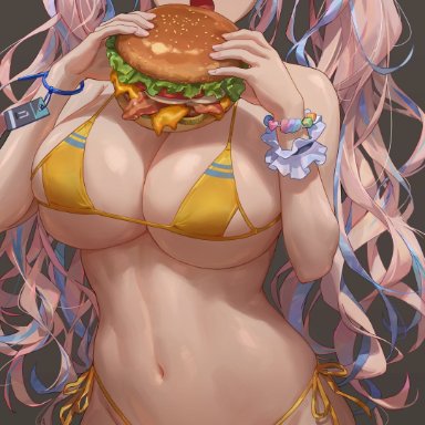 original, original character, yohan1754, 1girls, bacon, bikini, breasts, burger, cleavage, eating, female, female only, food, gold eyes, hamburger