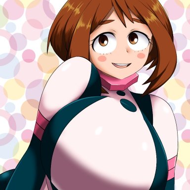 my hero academia, shounen jump, ochako uraraka, ochako uraraka (hero outfit), norio (pheromosa times), 1girls, big breasts, black latex, black latex bodysuit, breasts, brown eyes, brown hair, cute, cute face, hero outfit(mha)