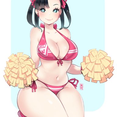 nintendo, pokemon, pokemon ss, marnie (pokemon), kenron toqueen, 1girls, aged up, alternate breast size, black hair, blue eyes, blush, breasts, cheerleader, cheerleader uniform, female