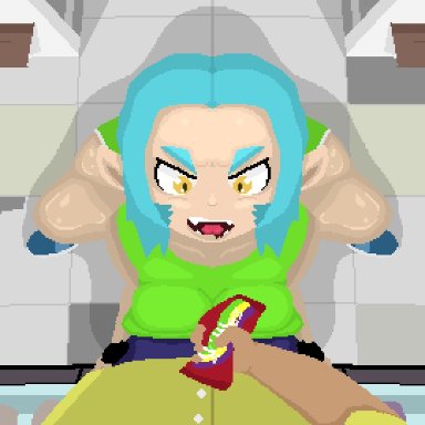 original character, shinobupp, shoestrang, 69, ambiguous penetration, big ass, big butt, big penis, blowjob, blowjob face, blue hair, booty shorts, bystanders, clothed, clothed sex