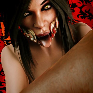 mortal kombat, mortal kombat x, mileena, masterbeta, black hair, cat eyes, monster, monster girl, open mouth, teeth showing, tongue out, yellow eyes, 3d, artist signature, blender