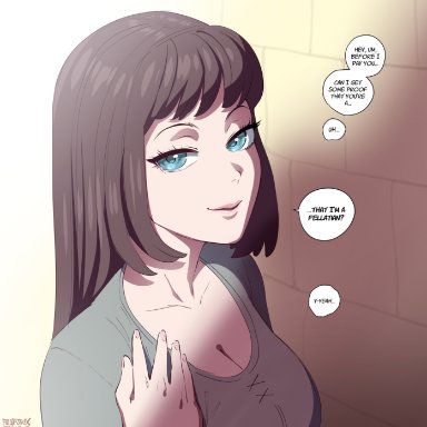 original, oc, original character, fellatrix, 1girls, asking a question, asking for it, bangs, blowjob face, blowjob gesture, blue eyes, blush, breasts, brick wall, brown hair